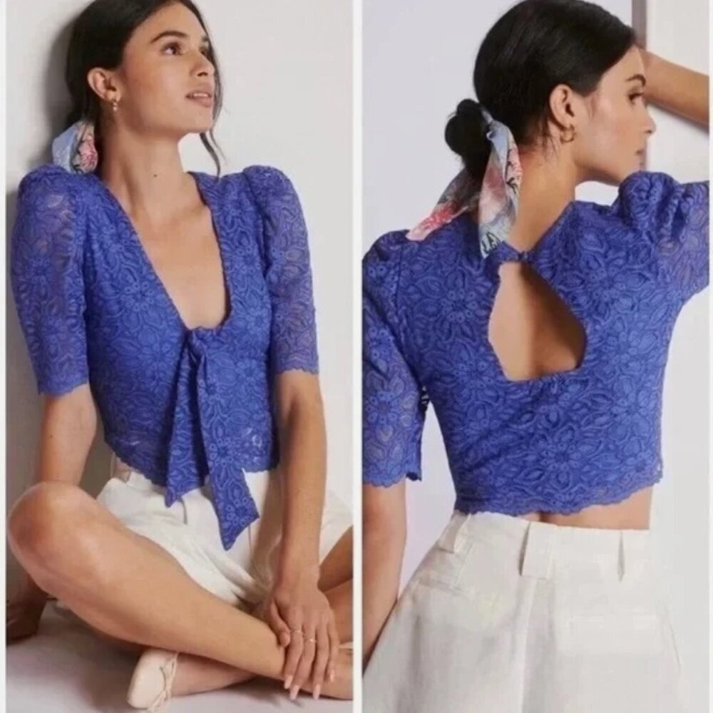 Maeve Anthropologie NEW Cropped Blue Lace Blouse Top Size 10 Romantic Coquette
